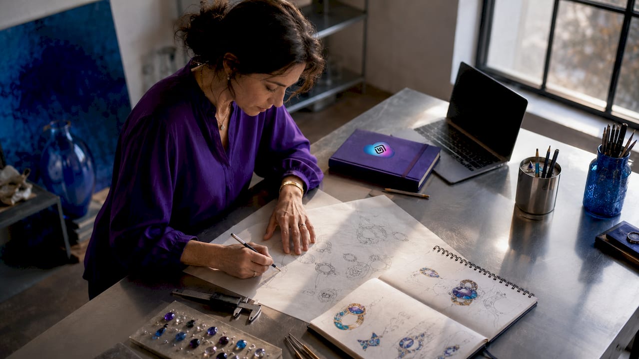 Jewelry designer sketching elaborate jewelry designs