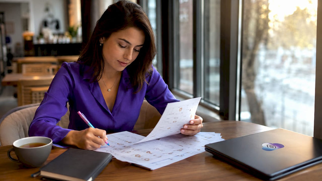 Retailer reviewing jewelry product catalog at desk