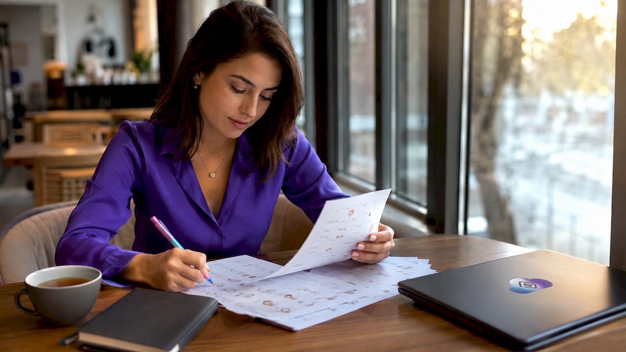 Retailer reviewing jewelry product catalog at desk