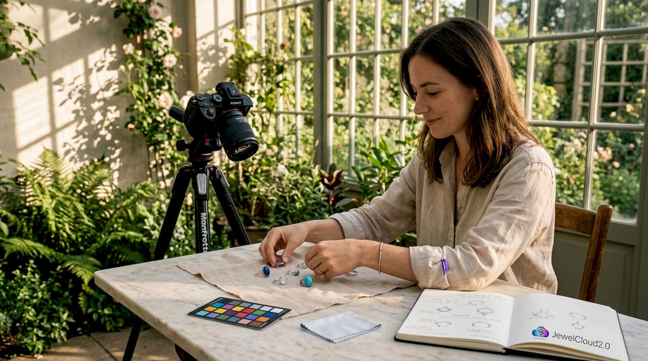Jewelry designer arranging rings for product photography