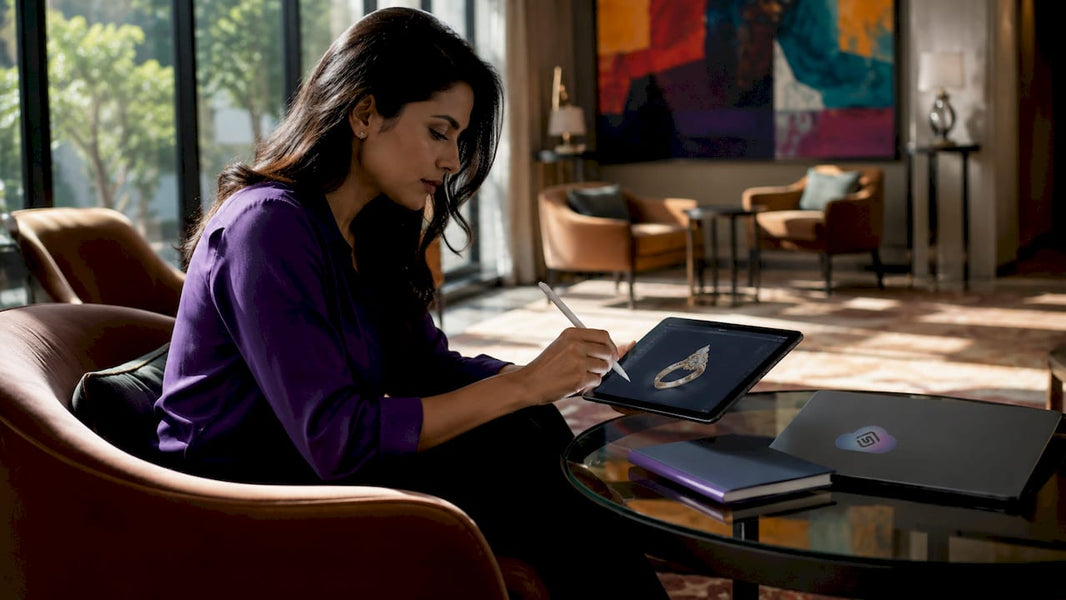 Woman interacting with jewelry digital showcase on tablet