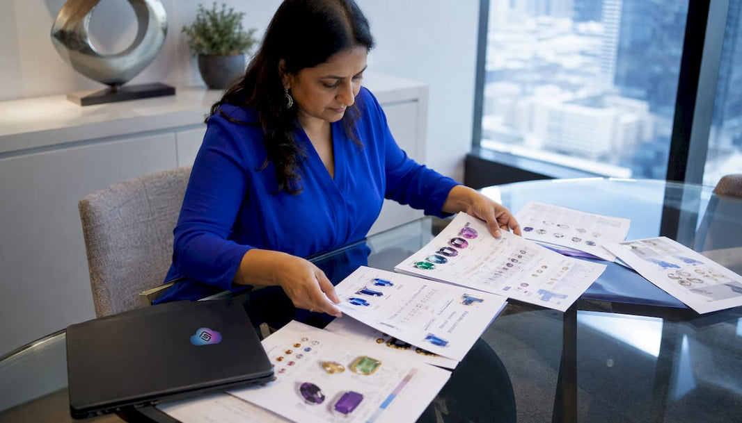 Jewelry wholesaler organizing vendor data papers
