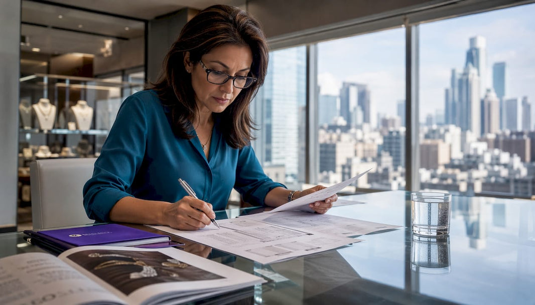 Jewelry wholesaler reviewing vendor data documents
