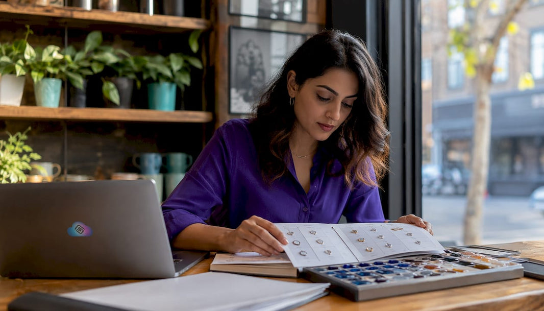 Wholesaler reviewing jewelry SKU catalog at desk