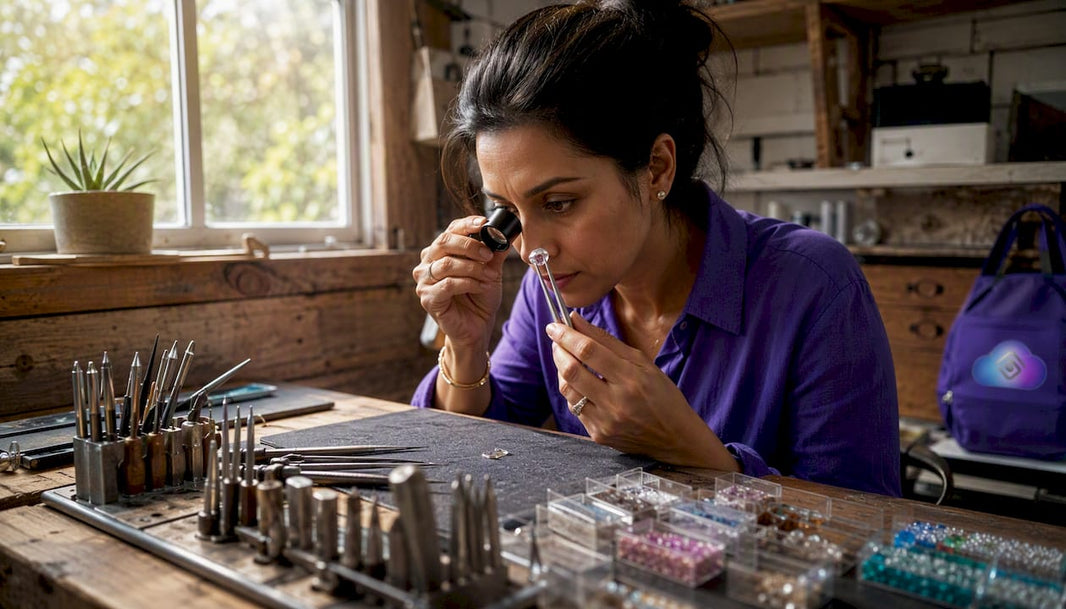 Jeweler inspecting diamond at workbench