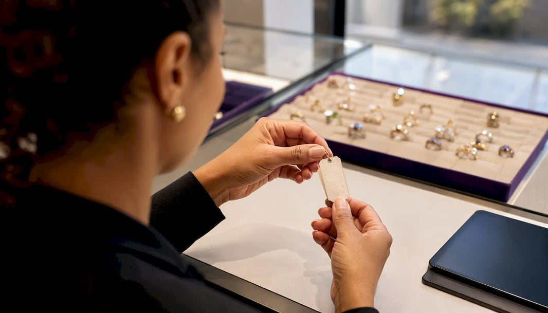 Hands holding jewelry product tag with serial numbers