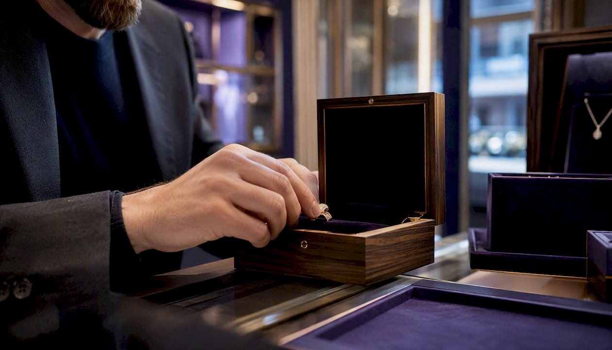 Jeweler placing ring in store display case