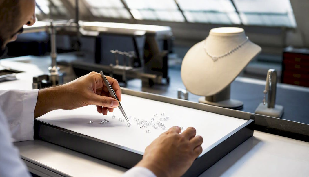 Hands arranging loose diamonds in lightbox