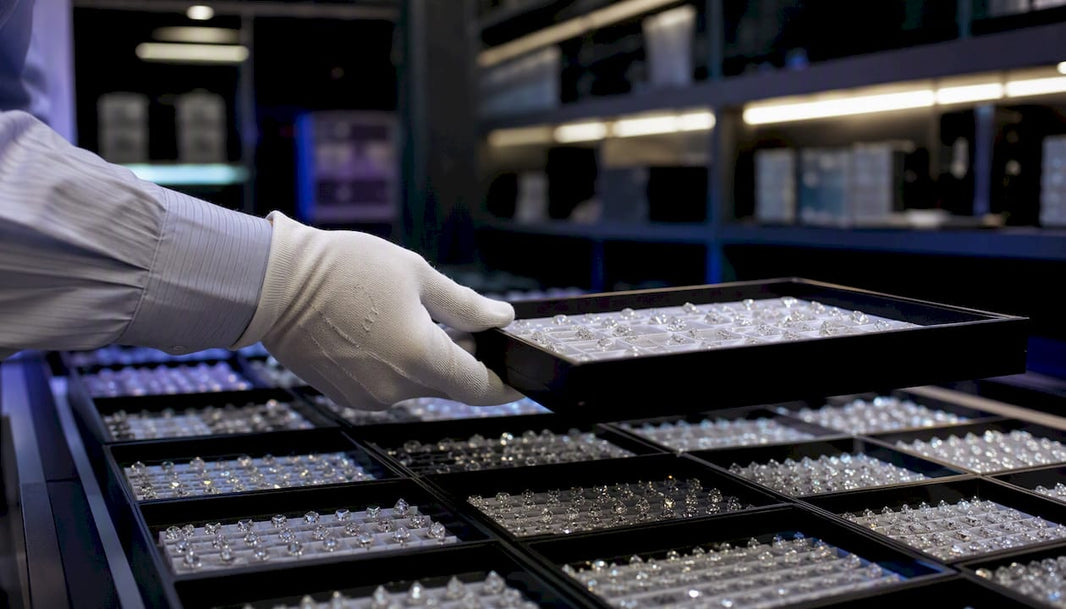 Hand adjusting diamonds in inventory tray