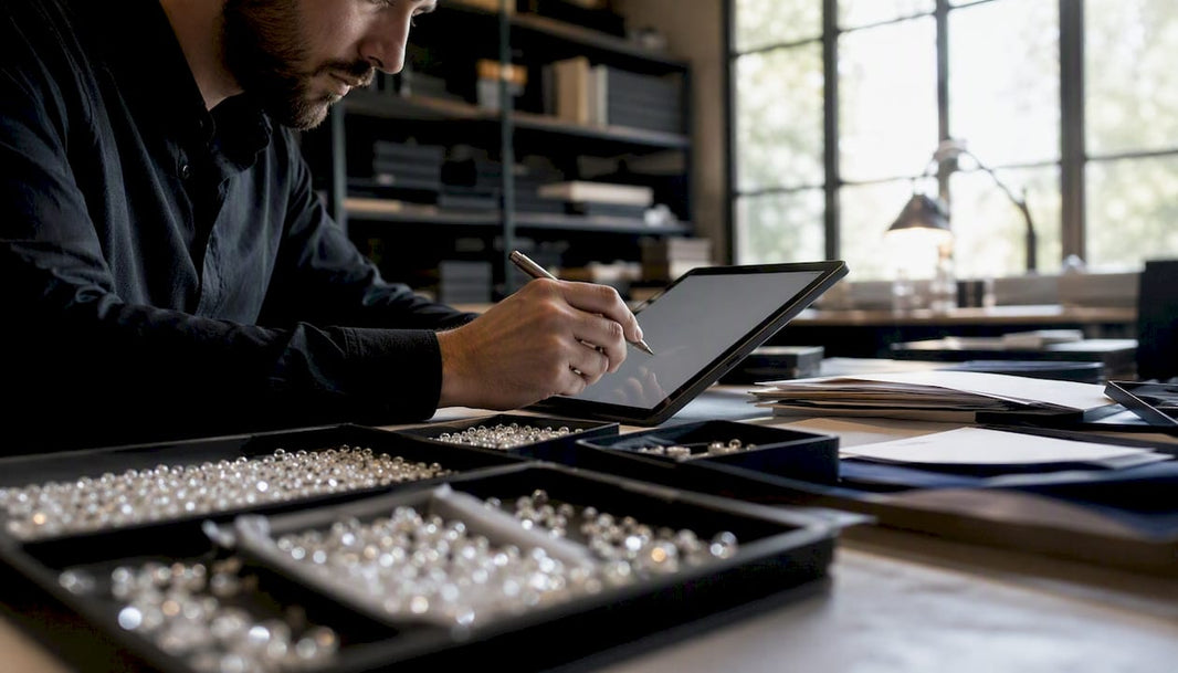 Hands adjusting diamond inventory list on computer