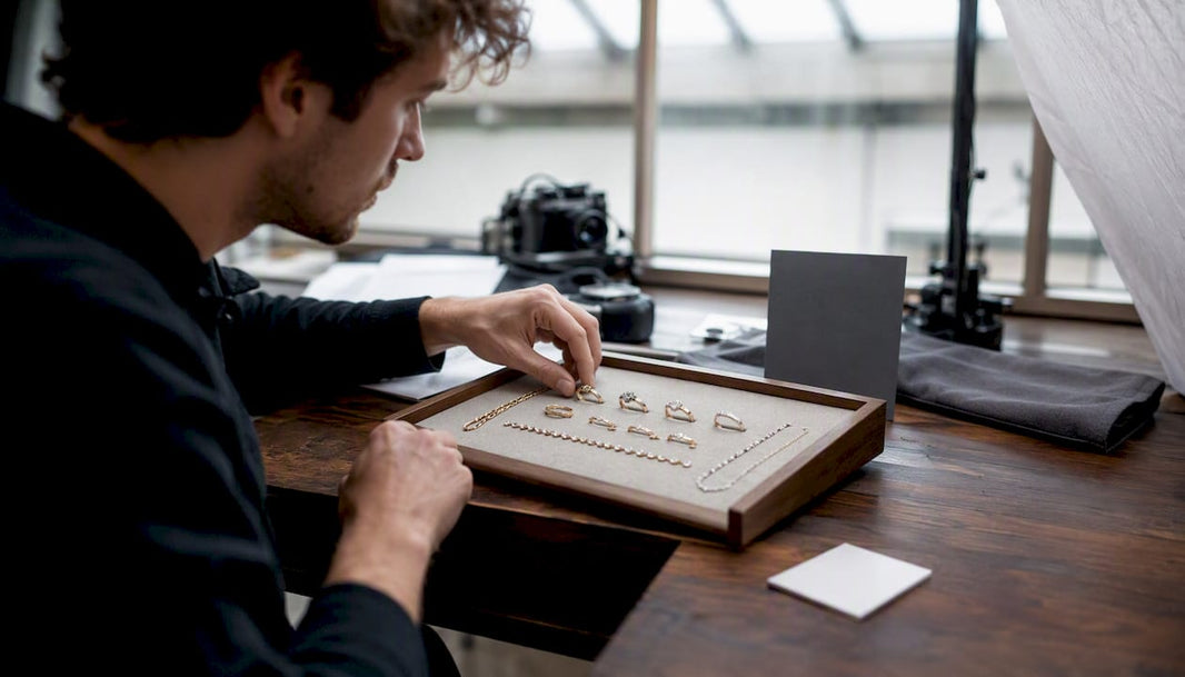 Hands adjusting jewelry tray for product photography