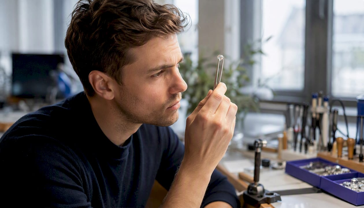 Jeweler inspecting diamond for eye-clean clarity