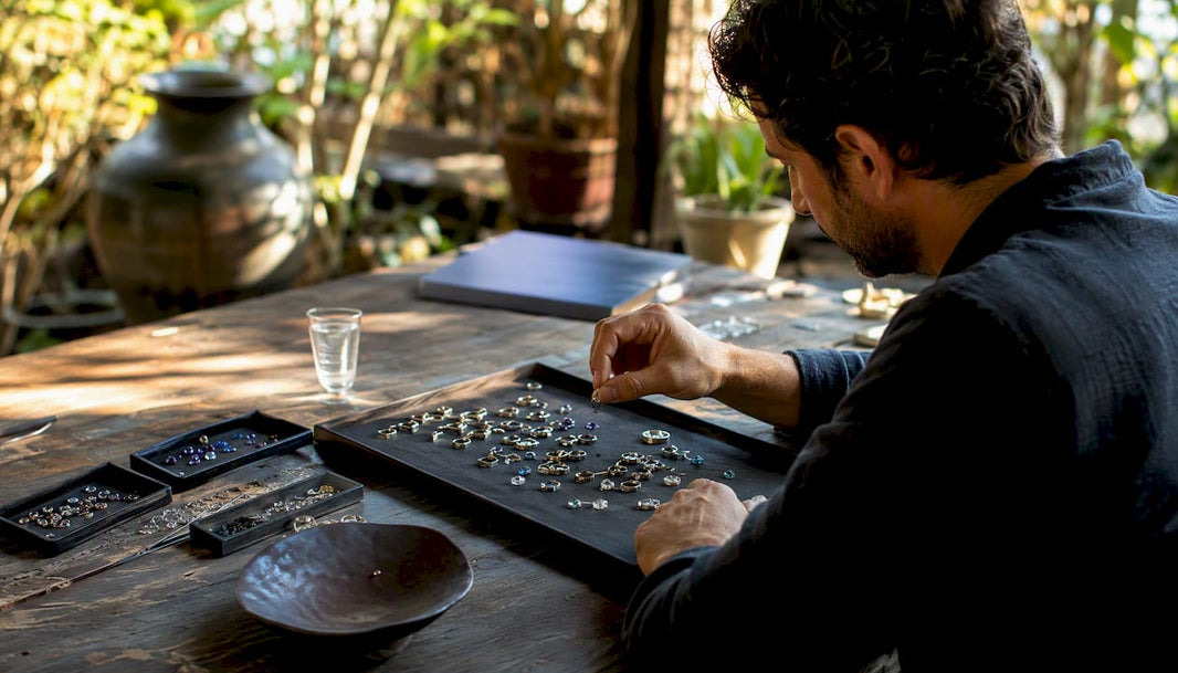 Jeweler sorting jewelry parts and data sheets