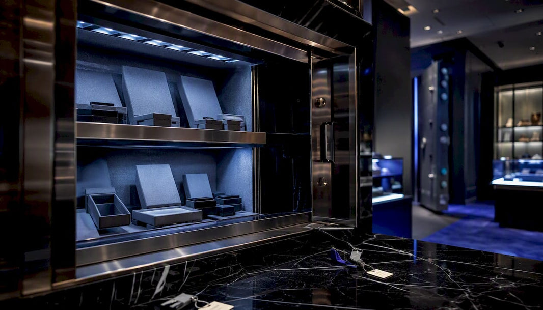 Open jewelry safe with empty compartments after robbery