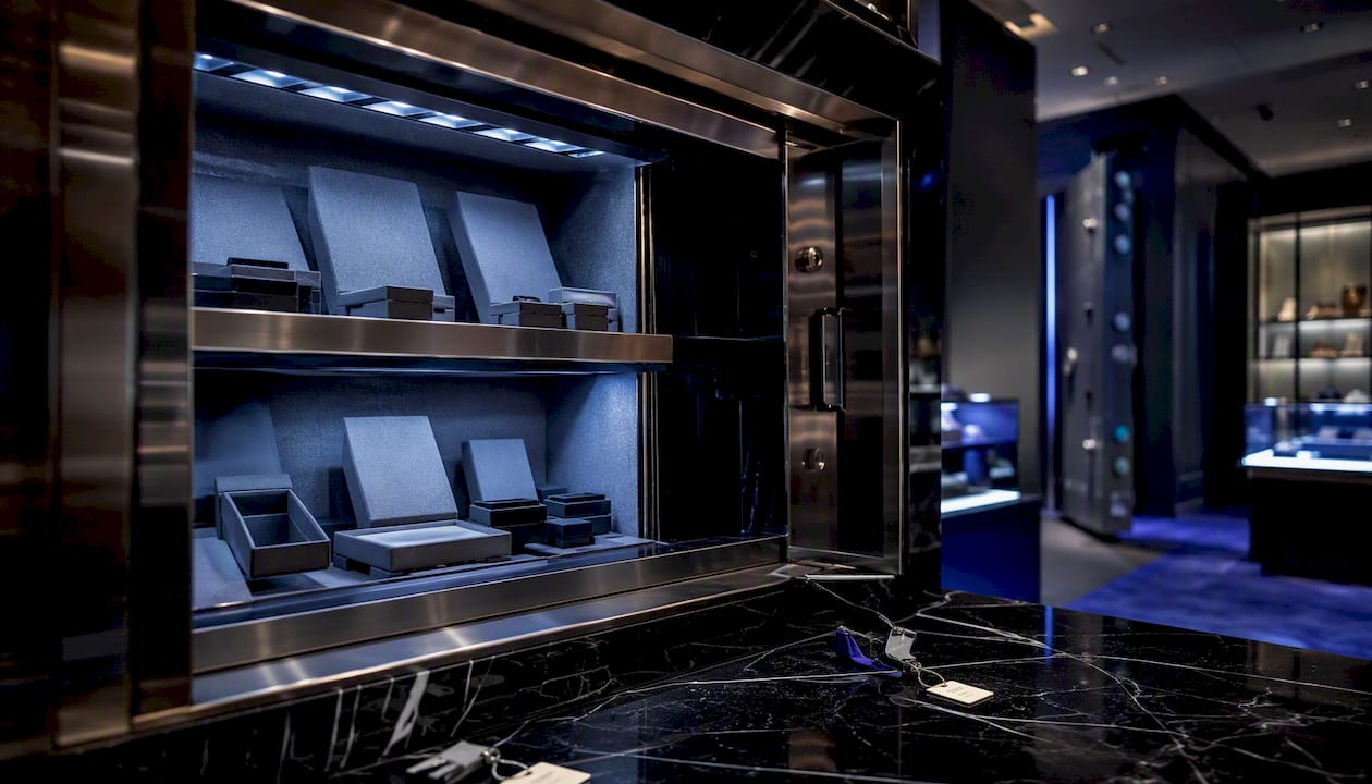 Open jewelry safe with empty compartments after robbery