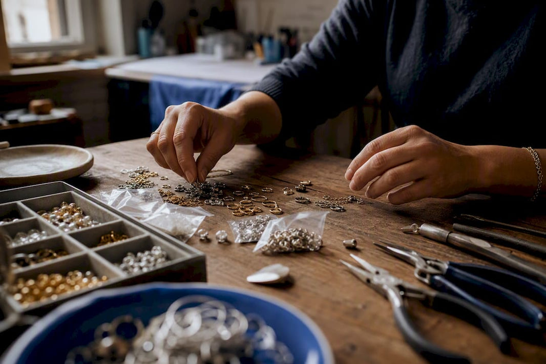 Hands sorting loose jewelry parts on table