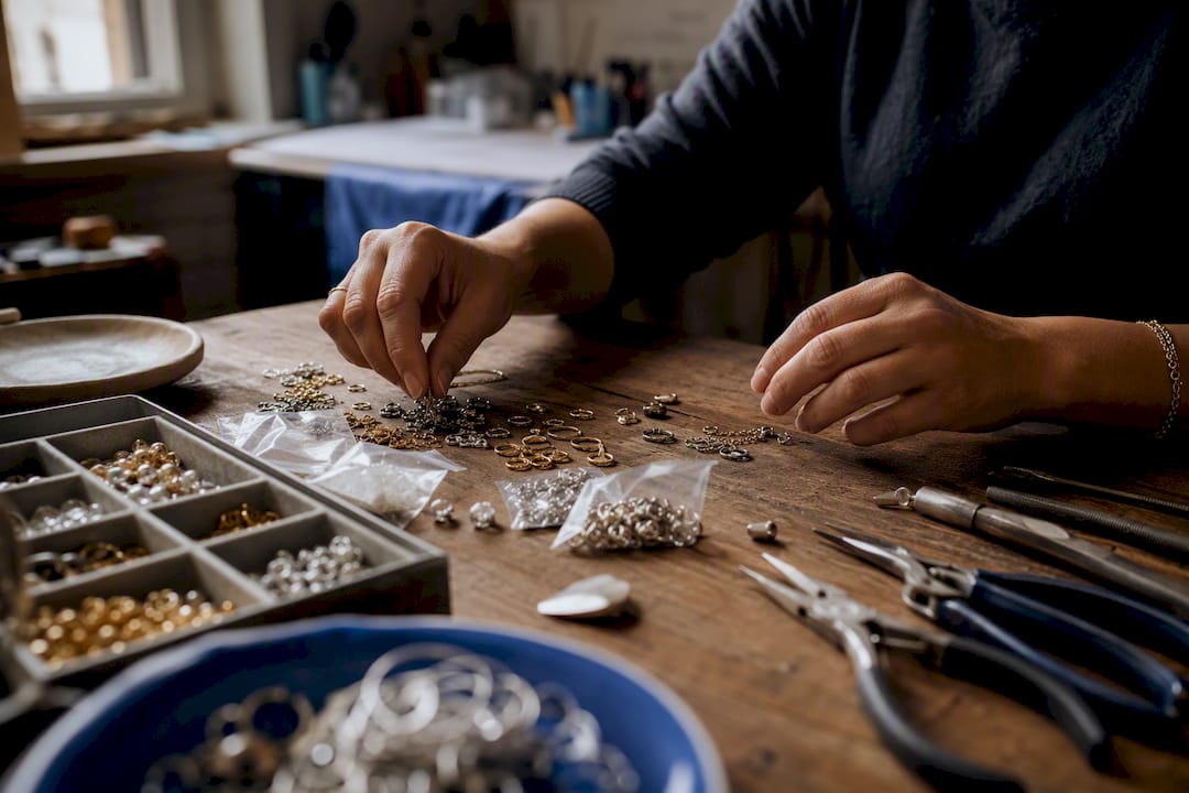 Hands sorting loose jewelry parts on table