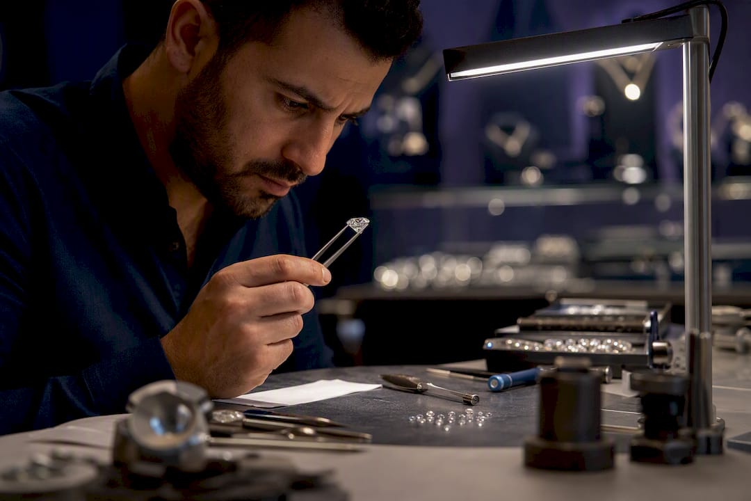 Hands holding lab-grown diamond with tweezers