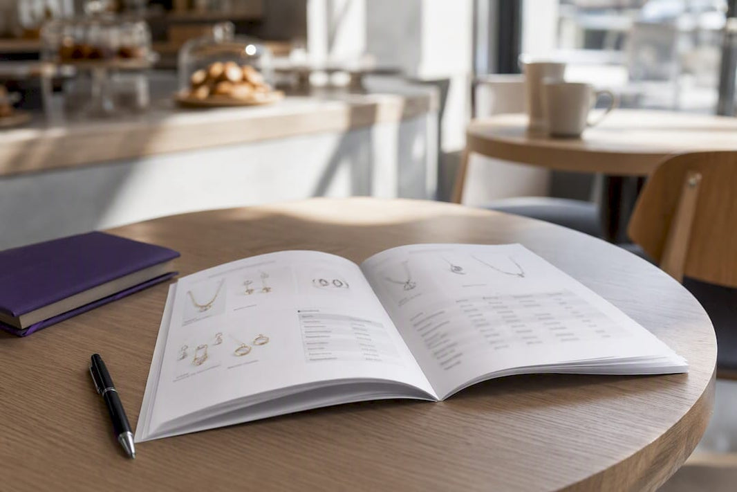 Jewelry line sheet on a modern desk