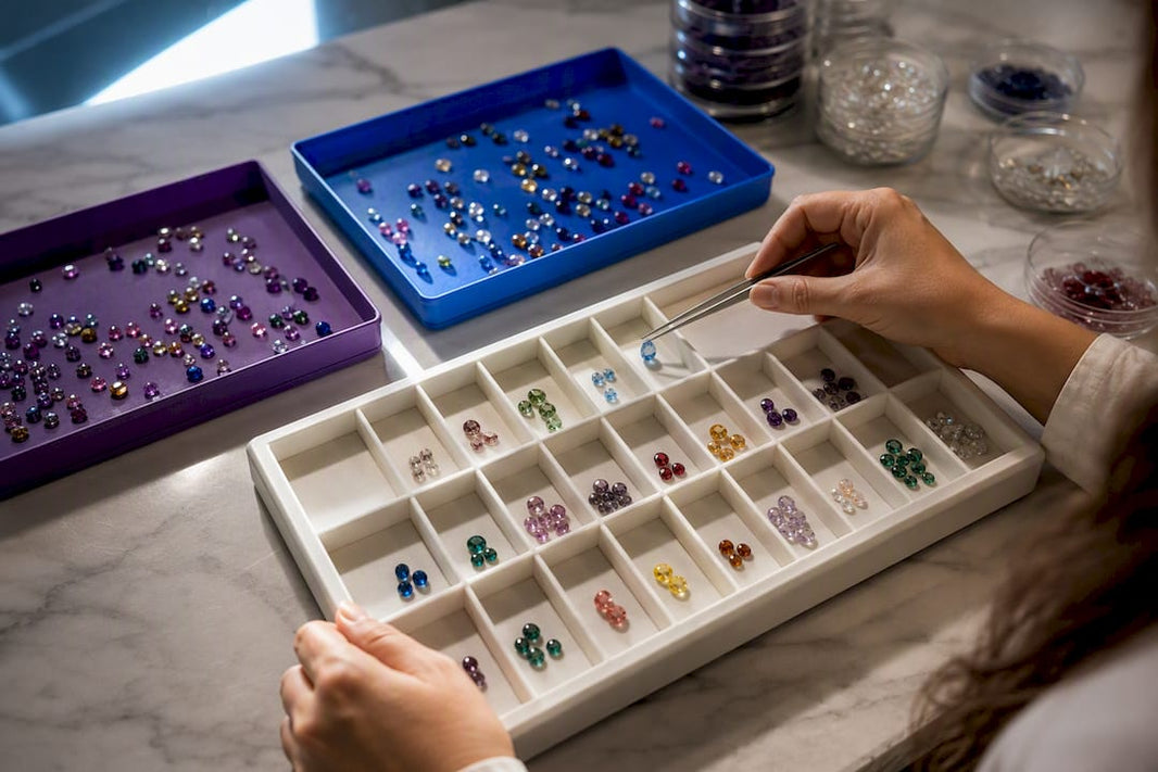Hands organizing gemstones into catalog trays