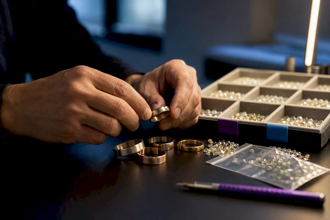 Hands organizing jewelry catalog variants