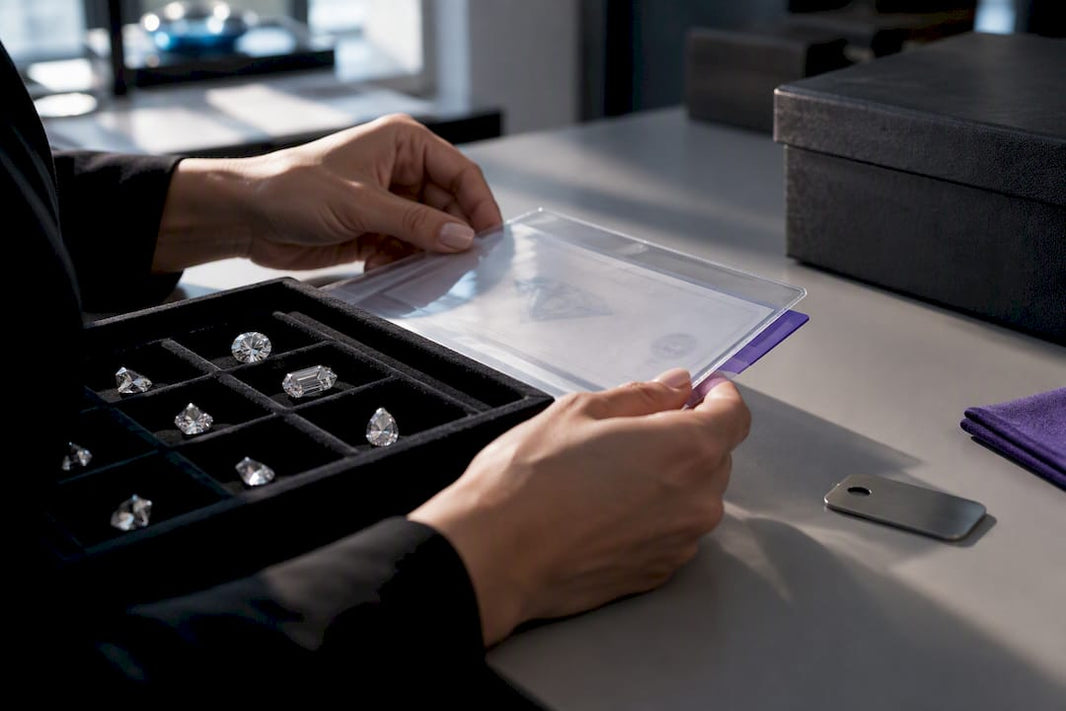 Hands matching certificate records to gemstone data