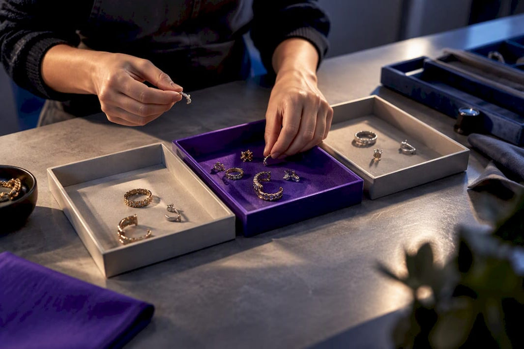 Hands sorting aged jewelry inventory trays