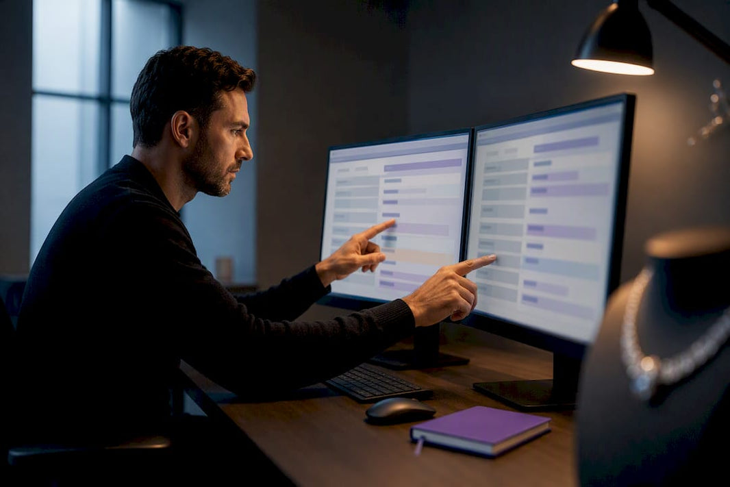 Specialist aligning jewelry data fields