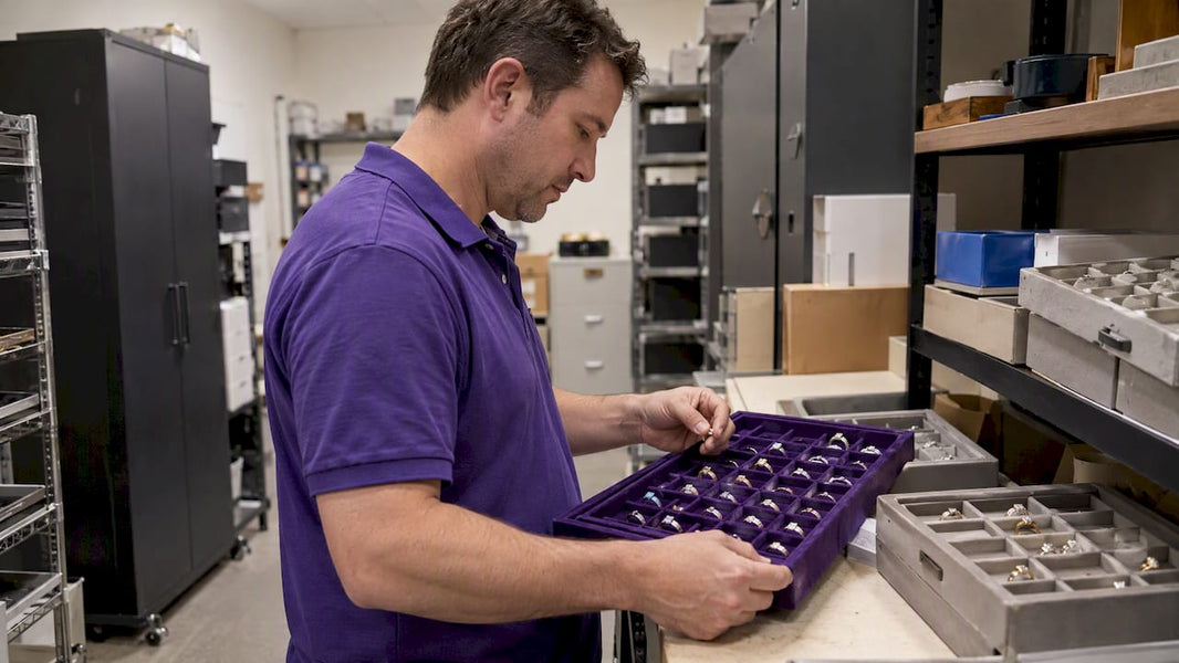 Jeweler counting ring stock in a back room