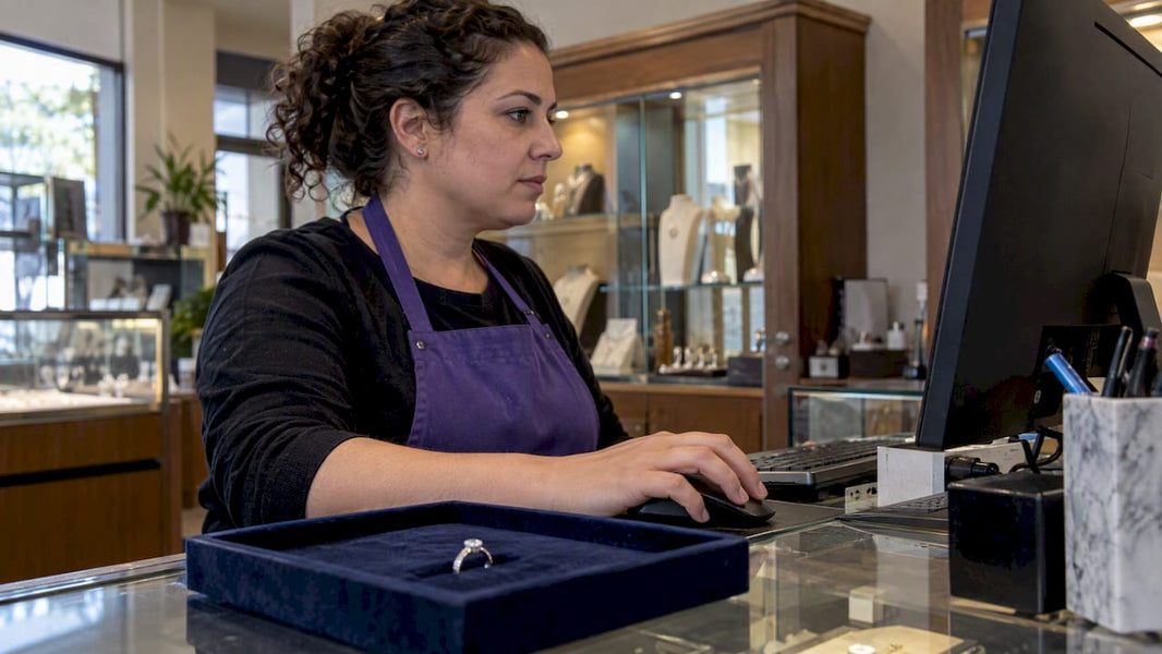 Jeweler reviewing a ring quote at her counter