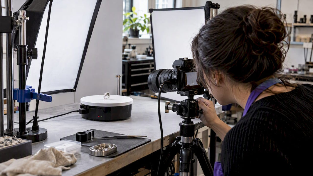 Ring positioned on a jewelry photography turntable