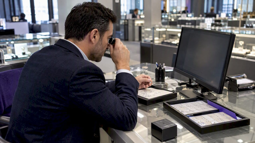Retail buyer reviewing diamond listings at showroom counter