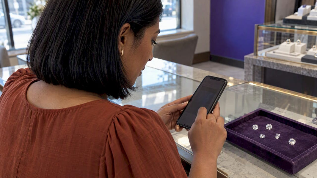 Shopper comparing diamonds at a jewelry counter